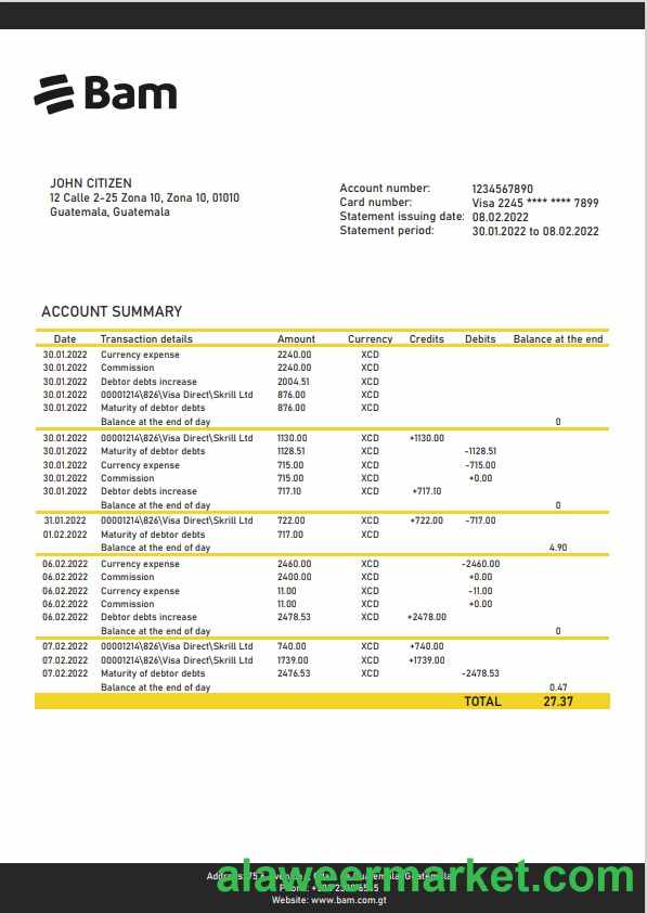 Guatemala Agromercantil bank statement template, Word and PDF format